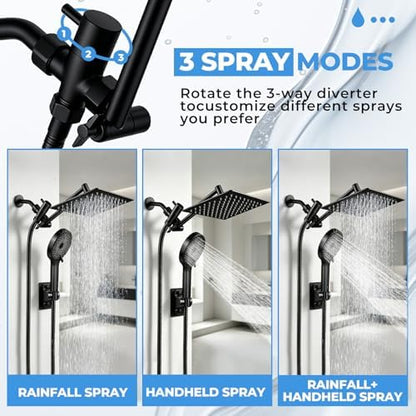 Shower Head, 8 inch Multifunction High Pressure Rain Shower Head with Handheld Spray Combo with 11'' Angle Adjustable Extension Arm/Flow Regulator/Shower System Matte Black