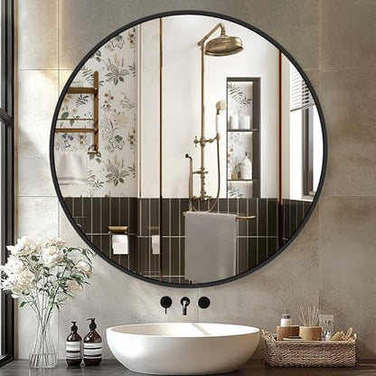 Delma 30 Inch Black Round Circle Mirror for Bathroom Wall, Metal Frame