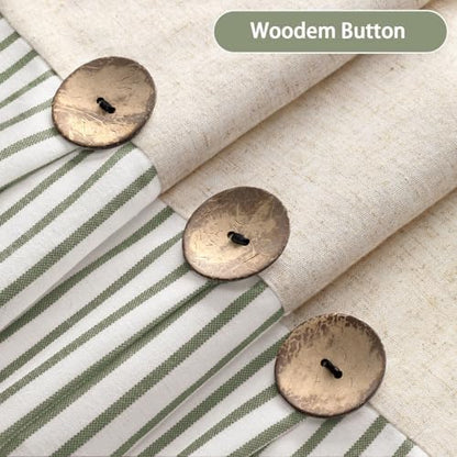 Farmhouse Shower Curtain Linen Button Green Stripe 72" W x 84" L