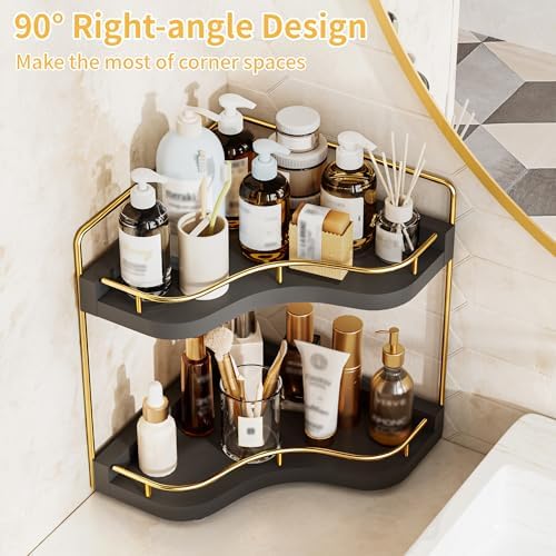 2-Tier Corner Bathroom Counter Organizer, Larger, Black Gold