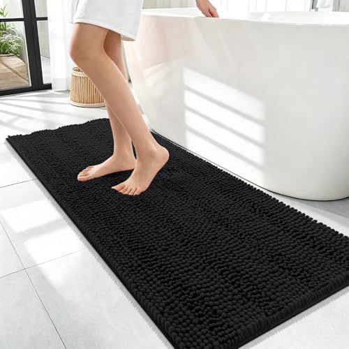 OLANLY Thick Bathroom Runner Rugs 47x17, Soft Chenille Bath Rugs, Black