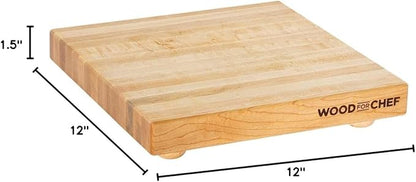 WoodForChef Hardwood Butcher Block with Feet - Hard Maple Edge Grain Cutting Board with Dual Pairs of Wooden and Rubber Legs - Elevated Chopping Board for Precision Cutting - 12x12x1.5 inches (Square)