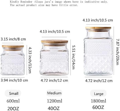 Glass Storage Jars Vintage Embossed Canisters Food Cereal Storage Containers with Bamboo Lid, Decorative Jars for Kitchen Counter,Pantry,Set 3-Piece Glass Jars in 60oz/40oz/20oz (Square)