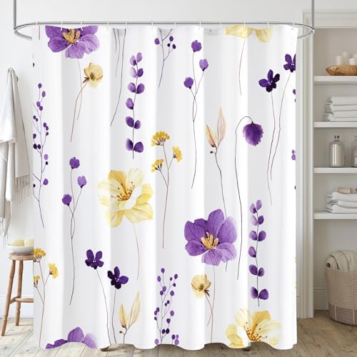 Gibelle Purple Yellow Watercolor Floral Fabric Shower Curtain, 72x72