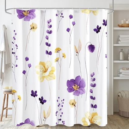 Gibelle Purple Yellow Watercolor Floral Fabric Shower Curtain, 72x72