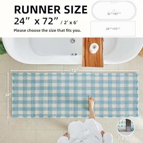 TYUU Waffle Runner Rug Bathroom, Long Cute Bath Mat, 72x24 Blue & White
