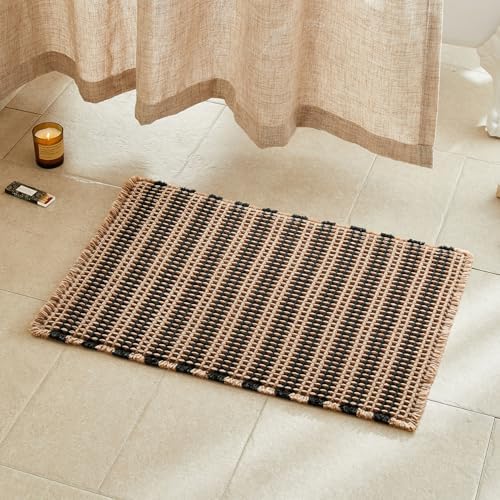 TYUU Waffle Bath Mat, Boho Bathroom Rugs Non Slip, 30x20 Black & Khaki