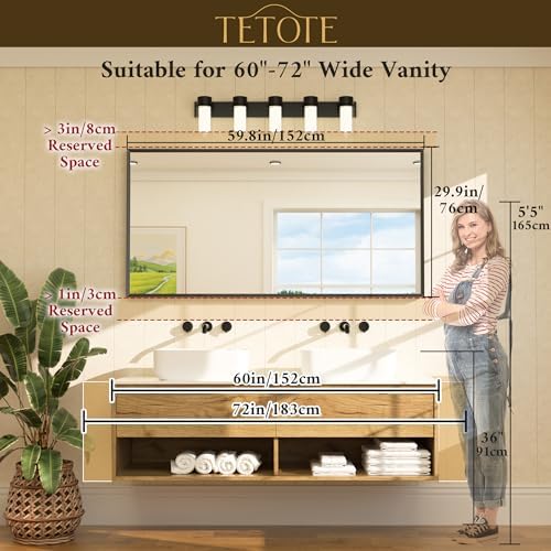TETOTE Brushed Gold Mirror Beveled Frame 60" x 30" Large Brass Gold Rectangle Bathroom Vanity Wall Mirror for Over Sink, Modern Farmhouse, Tempered Glass, Shatterproof, Stronger Frame