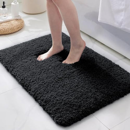ILANGO Black Bathroom Rugs 24" × 17" Small Non Slip & Super Absorbent Extra Thick Soft, Washable Bath Mat for Floor, Microfiber Plush Shaggy Bath Rug with Rubber for Bathtub Shower Room Sink