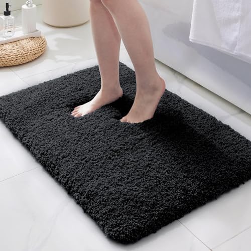 ILANGO Black Bathroom Rugs 30" × 20" Non Slip & Super Absorbent Extra Thick Soft, Washable Bath Mat for Floor, Microfiber Plush Shaggy Bath Rug with Rubber for Bathtub Shower Room Sink