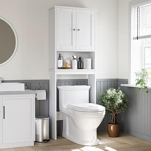 Shintenchi Over the Toilet Storage Cabinet, Bathroom Shelf Organizer with Anti-Tip Device Small Freestanding Space Saver with Adjustable Shelf，White
