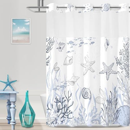 No Hook Shower Curtain and Liner Set, Grey Beach Coastal 71x74