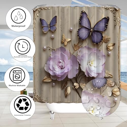 Chrainy 4pcs Vintage Butterfly Shower Cutain Set Bathroom Decor with Rugs