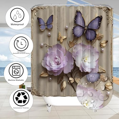 Chrainy 4pcs Vintage Butterfly Shower Cutain Set Bathroom Decor with Rugs