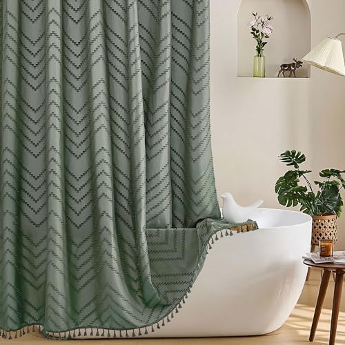 Siiluminisoy Extra Long Sage Green Shower Curtain with Tassel, Woven Fabric 90 in, Tufted Chevron Striped, 72 x 90, Modern Chic Textured Minimalist Bathroom