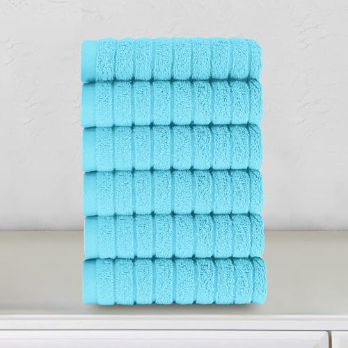 Elegant Comfort 100% Turkish Cotton Corduroy Ribbed Luxury Washcloths 6 Pack Soft 13 x 13 Inch - Higly Absorbent, Durable, Quick Dry, Spa Premium Hotel Quality for Bathroom or Travel, Aqua