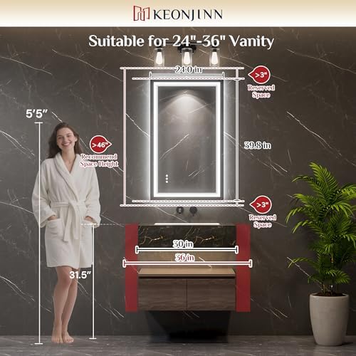 Keonjinn 40 x 24 Inch LED Bathroom Mirror with Lights, Bluetooth Speaker