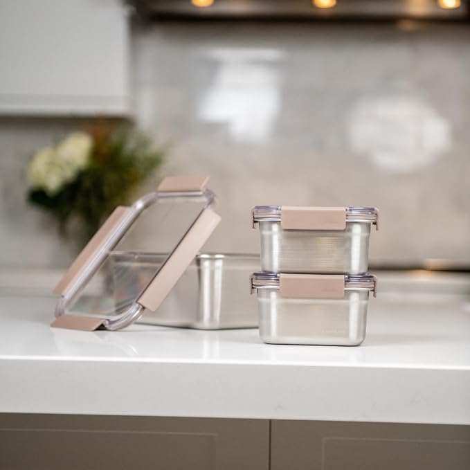LocknLock Stainless Steel Food Storage Containers with Lids, Metal Lunch Boxes, Leak-Proof, Microwave, Freezer and Dishwasher Safe, 3-Piece Set, 2 x 520ml and 1 x 2800ml