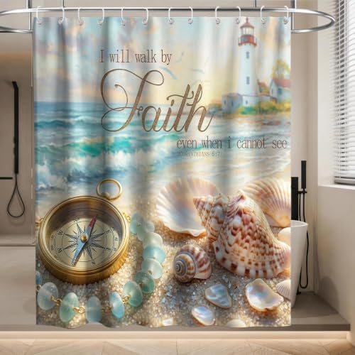 Luxury Beach Ocean Shower Curtain Modern Nautical Seashell Lighthouse