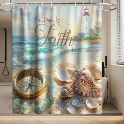 Luxury Beach Ocean Shower Curtain Modern Nautical Seashell Lighthouse