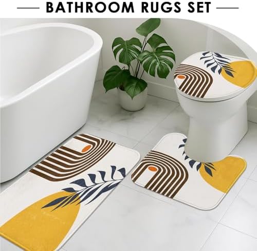Bathroom Sets with Shower Curtain and Rugs, 4 Pcs, Boho Midcentury