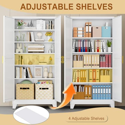 75" White Tall Metal Storage Cabinet with 2 Doors and 5 Adjustable Shelves,Steel Garage Tool Cabinet, File Cabinet,Kitchen Pantry Cabinet for Home,Office,Garage,School,Warehouse