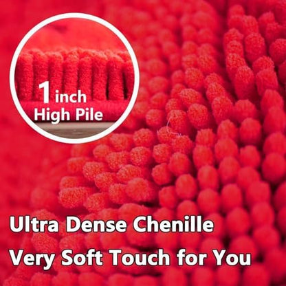 Bathroom Rugs Chenille, Extra Thick and Absorbent, Non-Slip, Machine Washable, Dry Quckily, Soft Cozy Plush, Used Under Shower Bathtub and Sink, Bath mat Sets Red