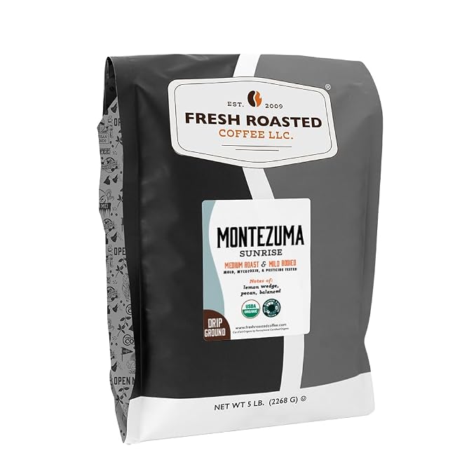 Fresh Roasted Coffee, Organic Montezuma Sunrise Whole Bean Coffee, Medium Roast, USDA Organic, 3rd Party Tested for Mold, Mycotoxin & Pesticides, Kosher, 5 lb (80 oz)