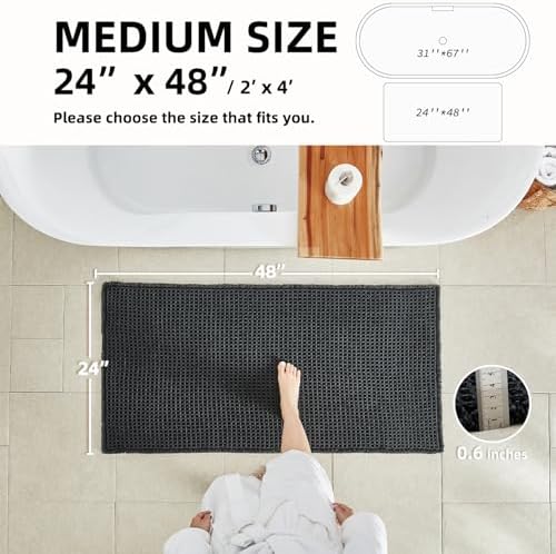 TYUU Black Waffle Bath Mat, Boho Bathroom Rugs Non Slip Washable, 48x24