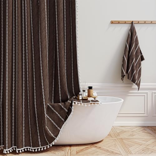 BTTN 72x78 Long Boho Farmhouse Linen Heavy Duty Cloth Shower Curtain, Brown