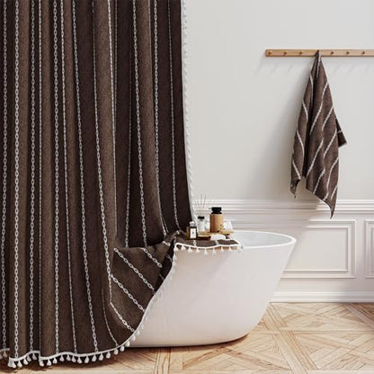 BTTN 72x78 Long Boho Farmhouse Linen Heavy Duty Cloth Shower Curtain, Brown
