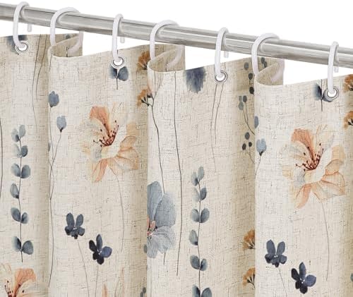 Gibelle Blue Linen Watercolor Floral Fabric Shower Curtain, 36x72