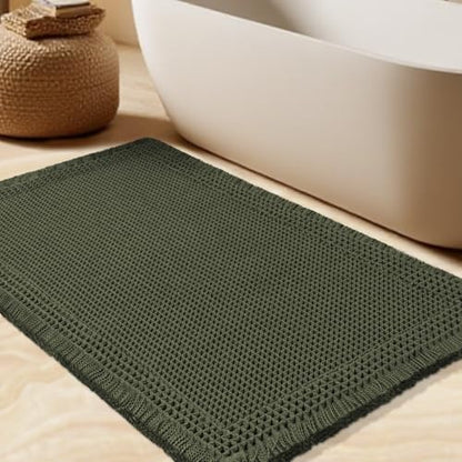 Waffle Bath Mat, Boho Woven Modern Bath Rug Absorbent Non Slip, Ultra Soft Bathroom Mats, Machine Washable Knit Bath Rugs with Border for Bathroom, Bedroom, Kitchen, Shower, Tub, 36"x24", Dark Green