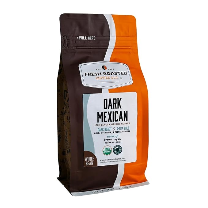 Fresh Roasted Coffee, Organic Dark Mexican Whole Bean Coffee, Dark Roast, USDA Organic, 3rd Party Tested for Mold, Mycotoxin & Pesticides, Kosher, 12 oz