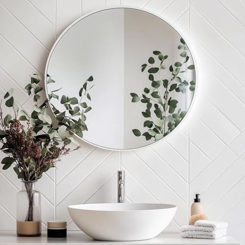 Oruii Round Mirror, 20 inch White Circle Mirror, White Metal Frame Circular