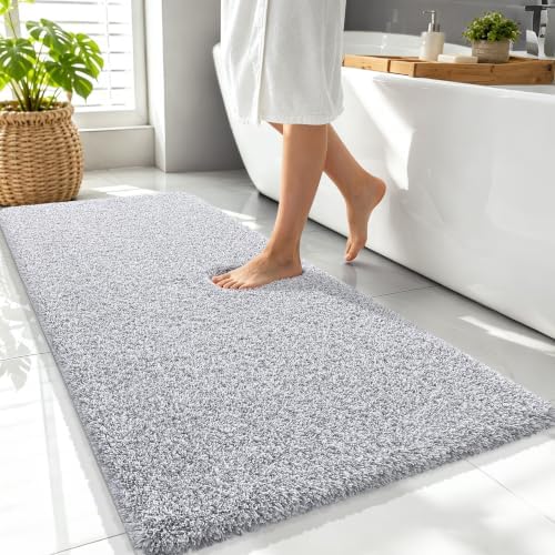 OLANLY Microfiber Bathroom Rugs 47x24, Quick Dry Bath Mat, Grey and White