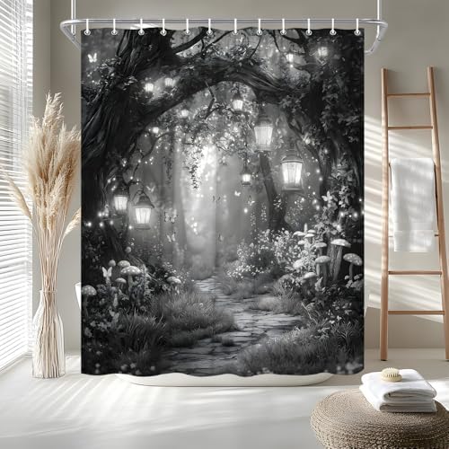 Fantasy Forest Path Shower Curtain Grey Fairy Magical Enchanted Misty Jungle Mushroom Floral Tree Butterfly Lantern Wonderland Bath Curtain Fabric Bathroom Accessories Decor with Hooks 55W x70L