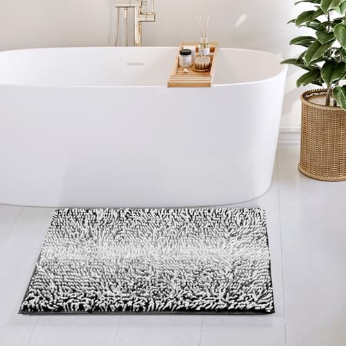 Hearth & Harbor Bathroom Rugs, Chenille Bath Mat - Machine Washable Bath Mats for Bathroom Non-Slip Backing Rubber, Quick Dry Bathroom Mat, 20 x 32 - Ombre Black