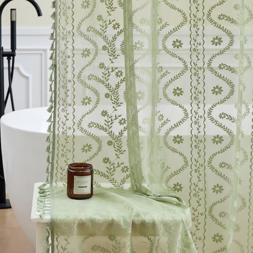 WAZZIO Sage Green Lace Shower Curtain - Vintage Pretty Floral Sheer Shower Curtains, Elegant Decorative Tassel Bath Curtains for Bathroom, 72 x 84 Inch, 1 Piece