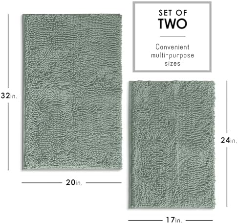 Hearth & Harbor Bathroom Rugs, Chenille Bath Mat - Machine Washable Bath Mats for Bathroom Non-Slip Backing Rubber, Quick Dry Bathroom Mat, 17 x 24 + 20 x 32 - Ice Green