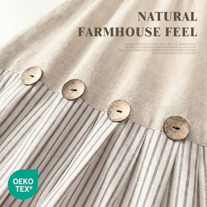 Farmhouse Shower Curtain Linen Button Beige Stripe 72" W x 90" L