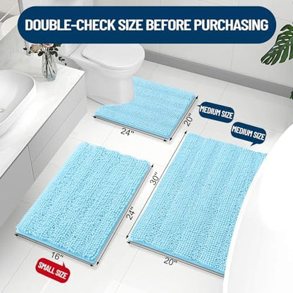 Grandaily Chenille Striped Bathroom Rugs 24x16, Extra Thick and Absorbent Bath Mats, Non-Slip Soft Plush Shaggy Shower Carpet, Machine Wash Dry, Bath Rug for Bathroom, (Small, Blue)