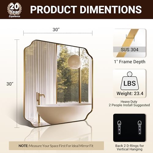 ANDY STAR 30"x30" Square Bathroom Mirror, Brushed Gold Scalloped Mirror for Wall, Antique Brass Mirror with Designer-Crafted Rounded Notched Corners, Ideal for Home Remodel