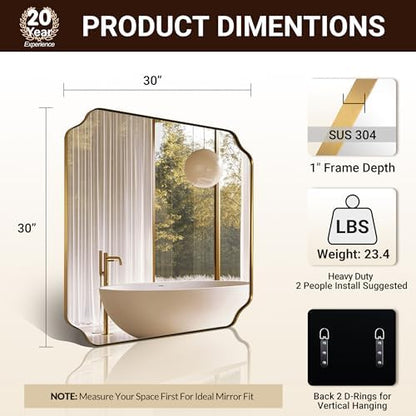 ANDY STAR 30"x30" Square Bathroom Mirror, Brushed Gold Scalloped Mirror for Wall, Antique Brass Mirror with Designer-Crafted Rounded Notched Corners, Ideal for Home Remodel
