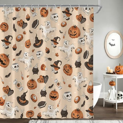 Halloween Cute Skull Ghost Shower Curtain for Bathroom 72W*72H Inch Gothic Witch Scary Magic Horror Pumpkin Bathtub Alchemy Witchcraft Decor Waterproof Polyester Fabric Set with 12 Hooks