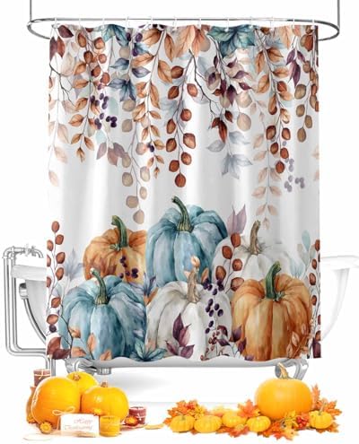 Shower Curtain Bathroom Set Fall Thanksgiving Pumpkin Orange Eucalyptus Leaf Waterproof Shower Curtains with Grommets Hooks Autumn Fallen Leaves Privacy Bath Curtain for Bathtub Decor 60x72in