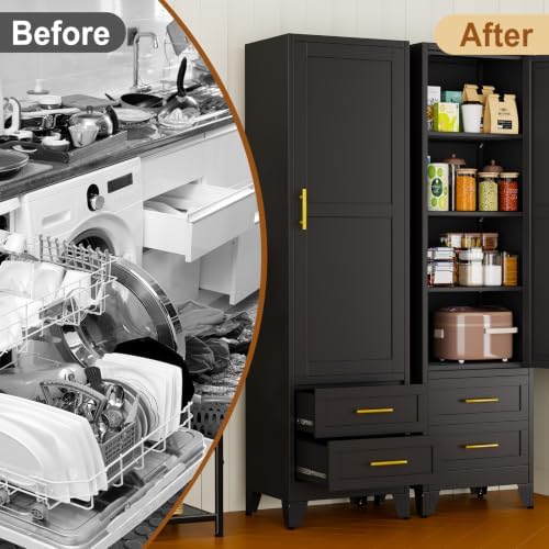 Tall Metal Narrow Storage Cabinet 67" H with 2 Drawer, Black Pantry Cabinets with 3 Adjustable Shelves and Door,Tall Bathroom Cabinet for Kitchen, Home Office, Living Room, Dining Room