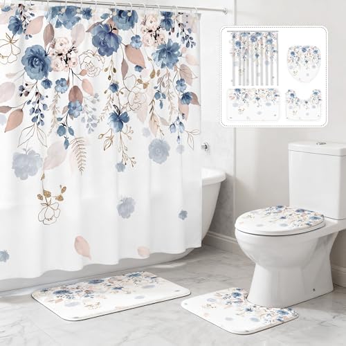 16 PCS Floral Shower Curtain Set with Rugs and 12 Hooks,120GSM Blue,72 x 72