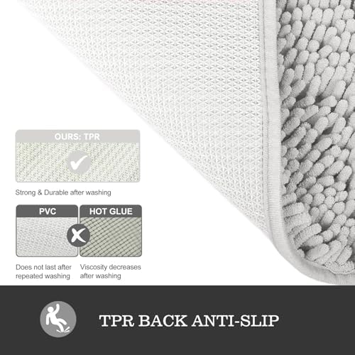 Yeaban Chenille Light Gray Bathroom Rug 20"x32", Non-Slip Rubber Backing