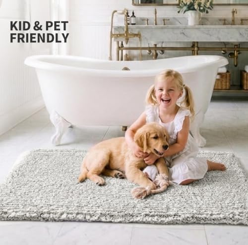 ILANGO Grey and White Bathroom Rugs 30" × 20" Non Slip & Super Absorbent Extra Thick Soft, Washable Bath Mat for Floor, Microfiber Plush Shaggy Bath Rug with Rubber for Bathtub Shower Room Sink